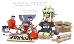  andy_anvil anvil boxing_gloves commentary emlan english_commentary indian_style multiple_boys paint paintbrush personification sharp_teeth shirt shoes shorts sign sitting skullgirls sneakers socks t-shirt teeth 