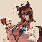  2013 ahoge alcohol animal_ears bare_shoulders blush borrowed_character breasts brown_eyes brown_hair chalice collar covered_nipples dated dog_ears dog_tail drunk fang fur_coat huge_breasts junkpuyo lass_(ego_trigger) off_shoulder original slingshot_swimsuit solo spiked_collar spikes strap_gap swimsuit tail wine 