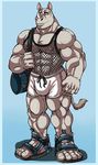  5_toes abs anthro arody bag beefcake biceps big_muscles blue_background blue_eyes bulge clothing fishnet fishnet_shirt footwear grey_eyes grey_skin gymbag handsome horn human_feet looking_at_viewer male mammal mesh muscles mutant_serpentina nipples pecs plain_background pose rhinoceros sandals shirt shorts smile solo standing tank_top toes toned vest 