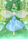  armpits arms_up bow breasts cleavage clenched_hand closed_eyes daiyousei fairy_wings green_hair hair_bow head_tilt highres light_particles medium_breasts no_mouth ochakan plant ripples short_hair side_ponytail solo stone_wall tiptoes touhou tree vines wall water wings 