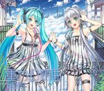  ahoge aqua_eyes aqua_hair armlet bracelet breasts cleavage cloud green_eyes hatsune_miku holding_hands jewelry jjwww_love long_hair luo_tianyi medium_breasts microphone microphone_stand multiple_girls open_mouth short_hair_with_long_locks silver_hair sky thighhighs twintails very_long_hair vocaloid vocanese 