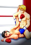  1boy 1girl barefoot battle beating black_hair blonde_hair boxing boxing_ring breasts defeated fighting gloves green_eyes highres large_breasts muscle nipples nude rape sex short_hair sport sweat t178 tears thighs vaginal 