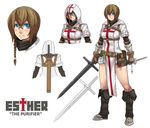  asymmetrical_hair bare_legs belt belt_pouch blue_eyes blush boots bracer braid breasts brown_hair chainmail character_name character_sheet dagger esther_(exaxuxer) exaxuxer glasses gloves highres hood hood_down knee_boots knights_templar large_breasts original pouch reverse_grip short_hair single_braid smile strap sword weapon 