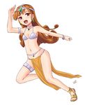  alena_(dq4) breasts brown_hair choker cleavage cosplay dragon_quest dragon_quest_iv earrings highres jewelry long_hair manya manya_(cosplay) medium_breasts miyo_(ranthath) mouth_hold navel open_mouth pelvic_curtain red_eyes sandals smile solo thighlet tiara 