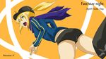  ahoge artoria_pendragon_(all) ass baseball_cap blonde_hair blue_scarf coolon copyright_name fate/stay_night fate_(series) green_eyes hat highres jacket mysterious_heroine_x orange_background ponytail rojiura_satsuki:_chapter_heroine_sanctuary scarf shorts solo track_jacket 