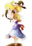  alice_margatroid blonde_hair blue_eyes blush bow braid capelet carrying child closed_eyes dress fifiruu hair_bow hairband hat highres kirisame_marisa long_hair multiple_girls open_mouth short_hair smile touhou witch_hat younger 