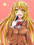  1girl :d bad_id bad_pixiv_id blazer blonde_hair breasts controller dotted_line gloves jacket large_breasts long_hair long_sleeves looking_at_viewer open_mouth pink_background remote_control school_uniform shokuhou_misaki smile solo star symbol-shaped_pupils takamatsu_(yamajiai) to_aru_majutsu_no_index upper_body white_gloves yellow_eyes 