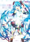  blue_eyes blue_hair bridal_gauntlets hatsune_miku hatsune_miku_(append) long_hair navel open_mouth satou0609 solo thighhighs twintails very_long_hair vocaloid vocaloid_append 
