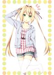  ahoge blonde_hair clothes_writing green_eyes hair_intakes hair_ribbon hood hood_down hoodie kouji_(campus_life) leg_up long_hair no_shoes open_clothes open_hoodie original ribbon shorts solo striped thighhighs twintails vertical_stripes white_legwear 