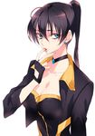  alternate_costume black_hair blood blue_eyes breasts choker cleavage earrings finger_in_mouth fingerless_gloves gem gloves hair_between_eyes injury jacket jewelry kunizuka_yayoi large_breasts long_hair open_clothes ponytail psycho-pass sideways_glance solo tima white_background 