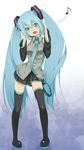  aqua_hair boots detached_sleeves fang green_eyes hatsune_miku head_tilt headset highres kaiyugyo long_hair musical_note necktie open_mouth skirt solo thigh_boots thighhighs twintails very_long_hair vocaloid 
