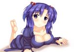  barefoot blue_hair breasts clannad cleavage dress fuyuki8208 hair_bobbles hair_ornament ichinose_kotomi large_breasts long_hair lying on_stomach purple_eyes soles two_side_up 