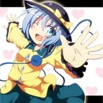  aqua_hair do_(4-rt) eyeball hat komeiji_koishi letterboxed one_eye_closed open_mouth outstretched_arms short_hair silver_hair skirt smile solo third_eye touhou 