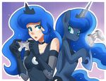  abstract_background blue_eyes blue_fur blue_hair border clothed clothing controller crown cutie_mark dress duo elbow_gloves equine female feral friendship_is_magic fur game_controller gloves glowing green_eyes hair holding horn horse human humanized levitation long_hair magic mammal my_little_pony necklace night open_mouth pony princess_luna_(mlp) sallymon shoes signature sparkles stars winged_unicorn wings 