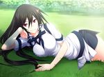  1girl 4:3 breasts grass hazakura_seiso large_breasts long_hair lying maji_de_watashi_ni_koi_shinasai! on_side red_eye red_eyes skirt smile solo thighs 