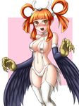  1girl alternate_costume bare_shoulders black_wings blush body_blush breasts claws cleavage collarbone duel_monster female full-face_blush garters hair_ornament hair_rings halterneck harpie harpie_channeler harpy hime_cut hips legs long_hair looking_at_viewer monster_girl mound_of_venus navel open_mouth orange_eyes orange_hair pataniito pataryouto payot pointy_ears revealing_clothes ringed_eyes sidelocks simple_background smile solo standing thighhighs thighs two-tone_background white_legwear wings yu-gi-oh! yuu-gi-ou_duel_monsters 