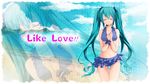  aqua_hair beach bikini bikini_skirt closed_eyes cloud copyright_name day frilled_bikini frills hands_on_own_chest hatsune_miku highres kanna_(chaos966) long_hair navel sand scrunchie sky smile solo swimsuit thigh_gap twintails very_long_hair vocaloid water wristband zoom_layer 