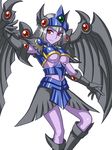  1girl armor breasts dark_valkyria duel_monster gloves grey_hair pataniito pataryouto purple_skin red_eyes short_hair skirt smile solo underboob wings yu-gi-oh! yuu-gi-ou_duel_monsters 