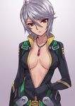  ahoge bad_id bad_pixiv_id bodysuit breasts cleavage impossible_clothes jewelry large_breasts looking_at_viewer matsuryuu necklace parted_lips pendant red_eyes short_hair silver_hair solo uchuu_senkan_yamato uchuu_senkan_yamato_2199 unzipping yamamoto_akira 