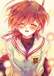  ahoge bad_id bad_pixiv_id blush brown_hair clannad closed_eyes furukawa_nagisa hikarizaka_private_high_school_uniform school_uniform shiroto_iku smile solo 