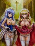  2girls blonde_hair blue_eyes blue_hair blush breastless_clothes breasts crotchless crotchless_panties crown feena_fam_earthlight female fortune_arterial highres long_hair looking_at_viewer multiple_girls nipple_piercing nipples open_mouth panties piercing pubic_hair pussy red_eyes smile standing thighhighs uncensored underwear 