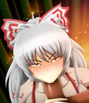  1girl :&gt;= fellatio fujiwara_no_mokou hair_ribbon highres kaigun_bakuryou long_hair looking_at_viewer oral penis red_eyes ribbon touhou uncensored white_hair 