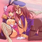  2girls animal_ears ass blue_eyes blush breasts breasts_outside brown_hair bunny_ears female highres long_hair looking_at_viewer multiple_girls nipples open_mouth pink_hair purple_eyes short_hair sitting spread_legs takano_natsuki thighhighs yuri 