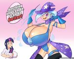  big_breasts breasts clothing duo female friendship_is_magic hair hat hi_res huge_breasts human humanized looking_at_viewer mrwes326 multi-colored_hair my_little_pony open_mouth plain_background purple_eyes purple_hair smile text trixie_(mlp) twilight_sparkle_(mlp) 