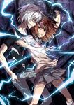  1girl accelerator bad_id bad_pixiv_id biribiri brown_eyes brown_hair clenched_teeth d_midiror electricity hand_in_pocket hand_up highres misaka_mikoto red_eyes school_uniform shirt short_hair striped striped_shirt teeth to_aru_kagaku_no_railgun to_aru_majutsu_no_index white_hair 