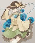  black_hat blue_flower blue_rose dress flower frilled_shirt_collar frilled_skirt frilled_sleeves frills green_eyes green_skirt grey_background hand_on_headwear hat hat_ribbon heart heart-shaped_pupils heart_of_string highres komeiji_koishi long_sleeves looking_at_viewer neon_(co2co8) ribbon rose shadow shirt short_hair silver_hair skirt sleeves_past_wrists smile solo symbol-shaped_pupils thighhighs third_eye touhou white_legwear wide_sleeves yellow_ribbon yellow_shirt 