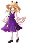  alphes_(style) bad_id bad_pixiv_id blonde_hair dairi dress full_body hat moriya_suwako parody smile solo style_parody touhou transparent_background wide_sleeves yellow_eyes 