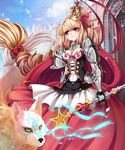  armor armored_dress aurora_rokudo blonde_hair braid breasts castle cleavage flower gauntlets jewelry long_hair medium_breasts original pink_eyes rose staff weapon wolf 