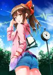  alternate_costume bag bow breasts brown_eyes brown_hair casual cellphone clock contemporary covered_nipples hair_bow hakurei_reimu hand_in_pocket highres long_hair looking_back medium_breasts phone ponytail pyz_(cath_x_tech) shorts shoulder_bag solo touhou 