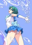  armpit_peek ass back_bow bishoujo_senshi_sailor_moon blue_background blue_choker blue_eyes blue_sailor_collar blue_skirt bow bubble choker green_hair hydrokinesis kouda_tomohiro mizuno_ami open_mouth outstretched_arm outstretched_hand panties pantyshot sailor_collar sailor_mercury sailor_senshi_uniform short_hair simple_background skirt solo underwear water white_panties 