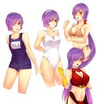  1girl bikini blue_swimsuit blush garma_zabi genderswap genderswap_(mtf) gloves gundam hair_over_one_eye headband itsmefool long_hair mobile_suit_gundam name_tag purple_hair school_swimsuit short_hair swimsuit very_long_hair white_school_swimsuit white_swimsuit yellow_eyes yellow_gloves 