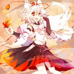 :d akibotann animal_ears bridal_gauntlets detached_sleeves fang hakama_skirt hat inubashiri_momiji leaf maple_leaf midriff navel open_clothes open_mouth red_eyes short_hair silver_hair smile solo tail tokin_hat touhou wide_sleeves wolf_ears wolf_tail 