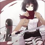  bad_id bad_pixiv_id belt black_eyes black_hair dual_persona emblem hoshiyui_tsukino mikasa_ackerman paradis_military_uniform scarf scarf_over_mouth shingeki_no_kyojin short_hair sword thigh_strap three-dimensional_maneuver_gear training_corps_(emblem) weapon younger 