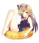  :d bare_legs bare_shoulders barefoot blush breasts brown_hair collarbone eyebrows_visible_through_hair full_body hair_ribbon innertube legs_up long_hair looking_at_viewer love_live! love_live!_school_idol_project medium_breasts meito_(maze) minami_kotori one-piece_swimsuit open_mouth ribbon school_swimsuit simple_background smile solo swimsuit white_background yellow_eyes 