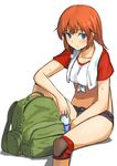  backpack bag blue_eyes bottle breasts charlotte_e_yeager front-tie_top knee_pads long_hair medium_breasts navel orange_hair pocari_sweat shibasaki_shouji shorts sitting solo strike_witches sweat towel towel_around_neck water_bottle world_witches_series 