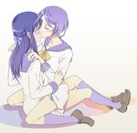  blue_hair blue_sailor_collar blush braid cheek_kiss closed_eyes couple dokidoki!_precure half_updo hands_on_shoulders hishikawa_rikka kenzaki_makoto kiss long_hair multiple_girls negom oogai_daiichi_middle_school_uniform precure purple_hair sailor_collar school_uniform short_hair simple_background sitting sitting_on_lap sitting_on_person straddling white_background yuri 