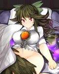 bad_id bad_pixiv_id black_hair bottomless bow breasts covering cup hair_bow large_breasts long_hair no_panties pillow red_eyes reiuji_utsuho sasavell smile solo sweat touhou wings 