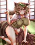  animal_ears blush brown_eyes brown_hair futatsuiwa_mamizou glasses highres impossible_clothes impossible_shirt leaf leaf_on_head panties raccoon_ears raccoon_tail shirt solo striped striped_panties tail touhou underwear zan_(harukahime) 