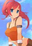  armband bad_id bad_pixiv_id bellows_(suisei_no_gargantia) blue_eyes breasts cleavage large_breasts midriff navel ponytail red_hair sasakura suisei_no_gargantia suspenders tank_top 