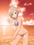  anastasia_(idolmaster) bare_shoulders beach bikini blue_eyes breasts cleavage cloud fan fang idolmaster idolmaster_cinderella_girls jewelry medium_breasts navel necklace ocean ok_sign outdoors purple_bikini side-tie_bikini silver_hair sky smile solo string_bikini sunset swimsuit wading water wet yada_ei 