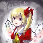  artist_name ascot blonde_hair bow character_name dated flandre_scarlet gradient gradient_background hair_bow kaze_(cherry830525) looking_away no_hat no_headwear open_mouth puffy_short_sleeves puffy_sleeves red_eyes short_hair short_sleeves side_ponytail sketch solo touhou upper_body vest wings 