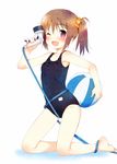  ;d ball barefoot blush brown_hair fang full_body hose kneeling long_hair looking_at_viewer meito_(maze) one-piece_swimsuit one_eye_closed open_mouth original purple_eyes school_swimsuit side_ponytail smile solo swimsuit wet 
