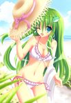  absurdres beach bikini blue_eyes blue_sky breasts cleavage cloud day frog frog_hair_ornament green_eyes green_hair groin hair_ornament hat hat_removed hat_ribbon headwear_removed highres holding holding_hat kochiya_sanae long_hair looking_at_viewer medium_breasts nanairo_fuusen one_eye_closed open_mouth outdoors ribbon side-tie_bikini sky snake solo straw_hat sun_hat swimsuit touhou towel 