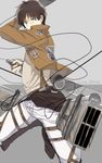  32sj bad_id bad_pixiv_id brown_hair character_name emblem eren_yeager highres jacket male_focus paradis_military_uniform reverse_grip shingeki_no_kyojin solo three-dimensional_maneuver_gear training_corps_(emblem) 