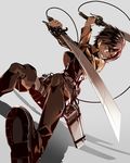  218 action belt brown_eyes dual_wielding eren_yeager holding jacket male_focus paradis_military_uniform shingeki_no_kyojin simple_background solo sword thigh_strap three-dimensional_maneuver_gear weapon 