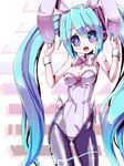  animal_ears aqua_eyes aqua_hair bow bowtie bright_pupils bunny_ears bunny_girl bunnysuit character_name detached_collar hatsune_miku leotard long_hair miuku_(marine_sapphire) open_mouth pantyhose solo twintails very_long_hair vocaloid wrist_cuffs 